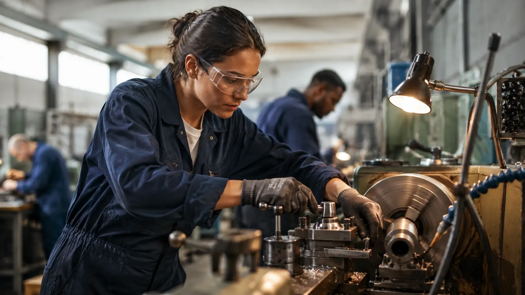 Vocational training student operating industrial machining equipment while wearing safety glasses and workwear.