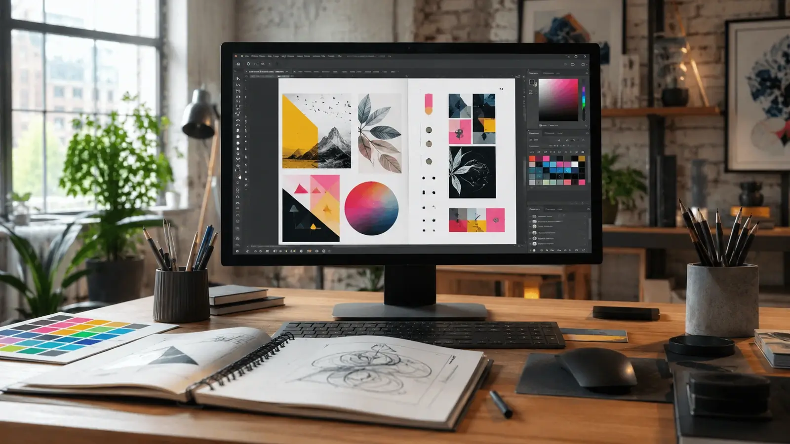 Realistic hero image for Design Assets & Graphics showing a creative design studio desk with a large monitor displaying colorful graphic layouts, sketches, swatches, and professional design tools.