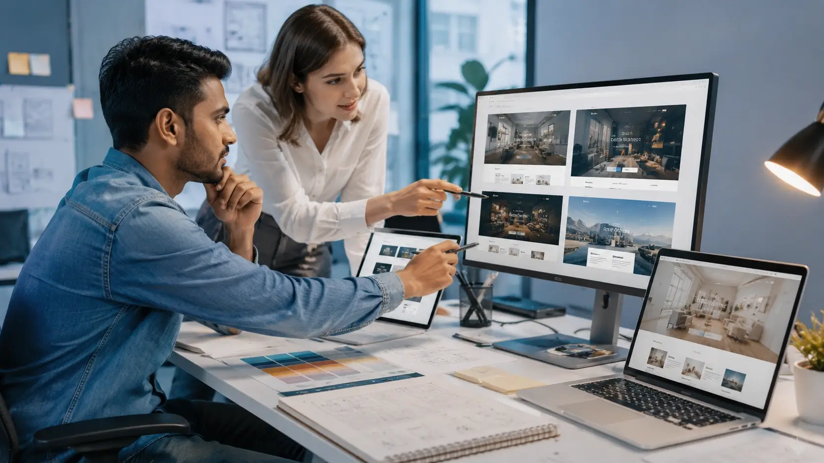 Web design team collaborating in a modern workspace while reviewing multiple custom website layouts on large screens and laptops.