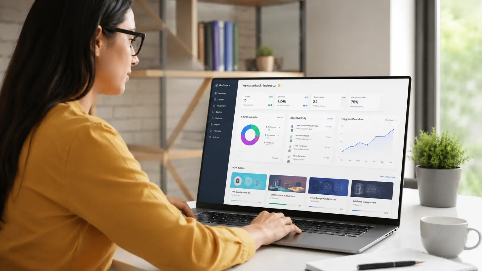 Instructor using a laptop that displays a learning management system dashboard with courses, student progress, analytics, and educational tools.