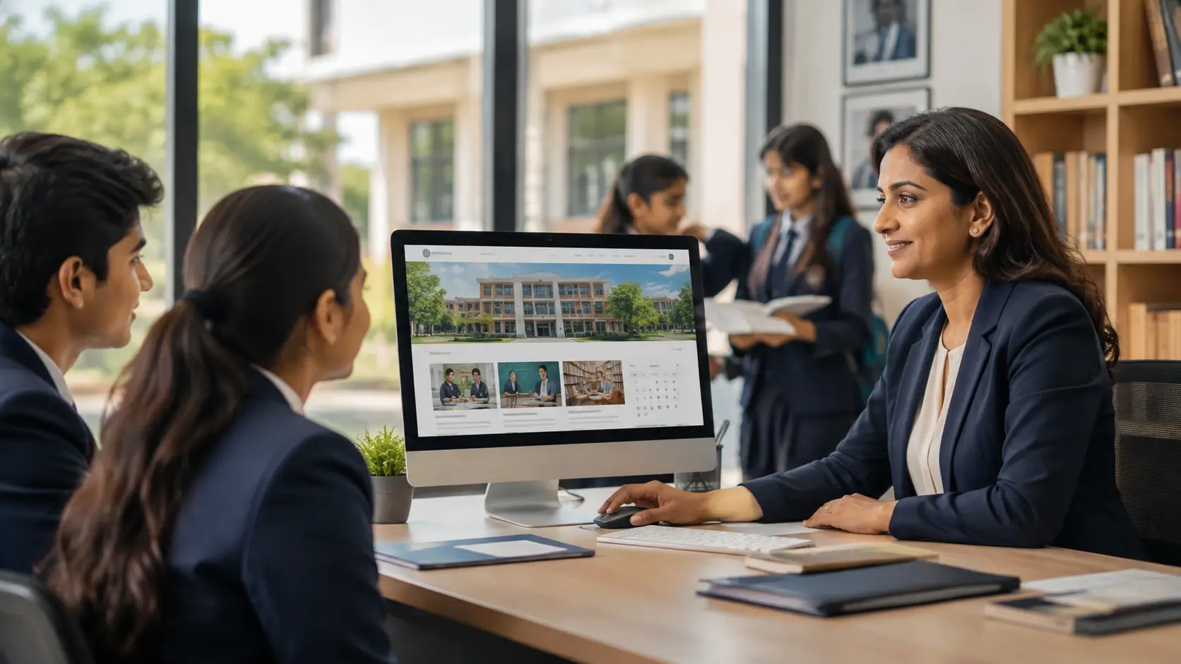 Education team presenting a modern school and college website on a desktop screen with campus information, student content, and academic features.