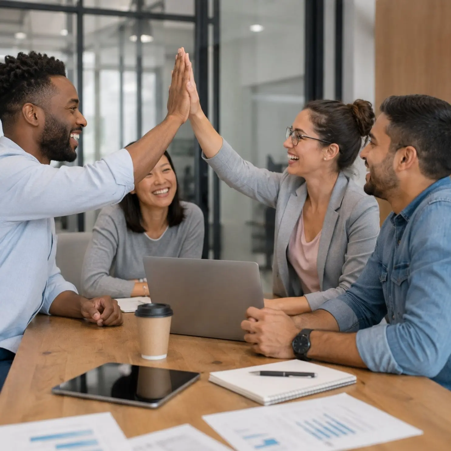 Diverse team of four entrepreneurs high-fiving and celebrating business growth after successful strategy meeting in modern office, collaborating around laptop with growth charts, coffee and business documents representing Groweik 45-day first sale guarantee