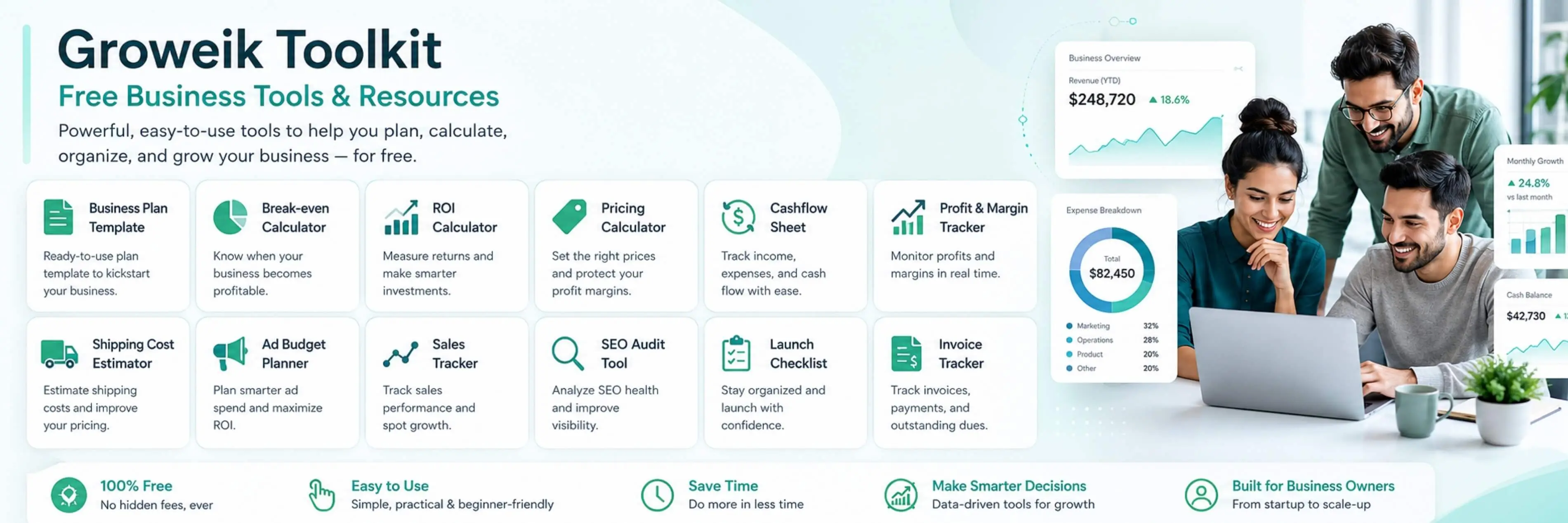 Free business tools and resources including business plan template, break-even calculator, ROI calculator, pricing calculator, cashflow sheet, profit and margin tracker, shipping cost estimator, ad budget planner, sales tracker, SEO audit tool, launch checklist and invoice tracker to help startups plan and grow