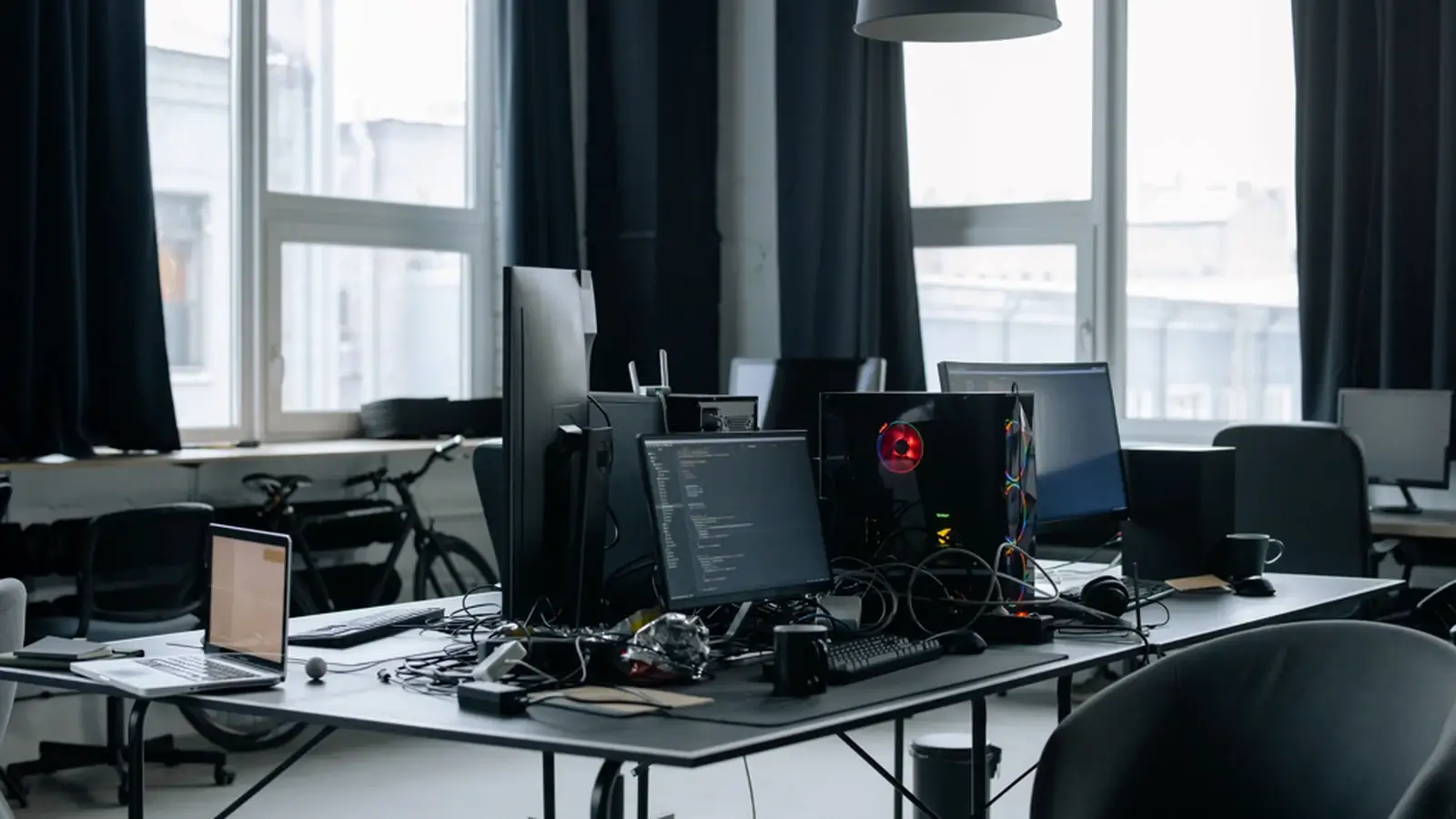 Modern tech workspace with multiple computer monitors, coding screens, and office equipment.