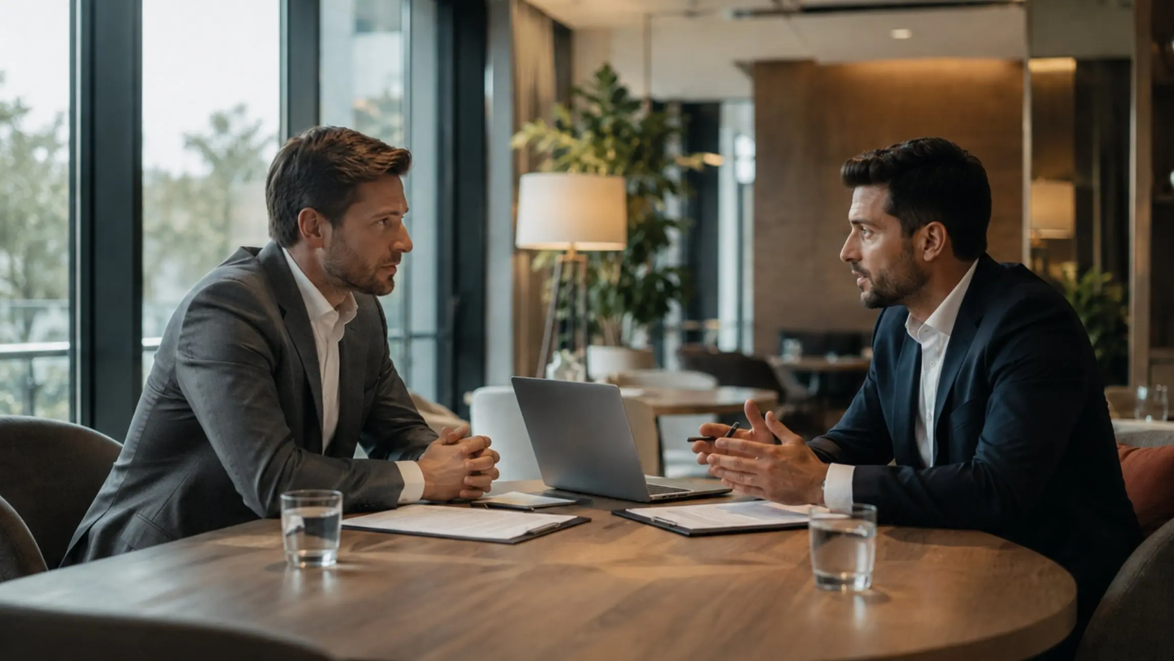 Two professional business consultants having serious strategy discussion in modern office lounge, collaborating over laptop and business documents on wooden table, representing Groweik free business consultation for entrepreneurs